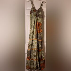 Olive Green Maxi Sundress with Orange Print
